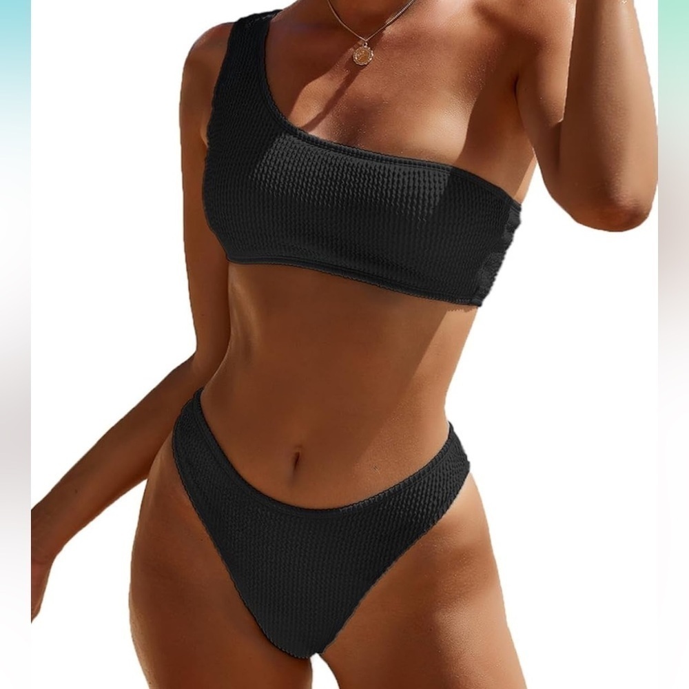 Women's Ribbed Bikini One Shoulder Top Mid waist 2Piece Bathing Suit size XL A90